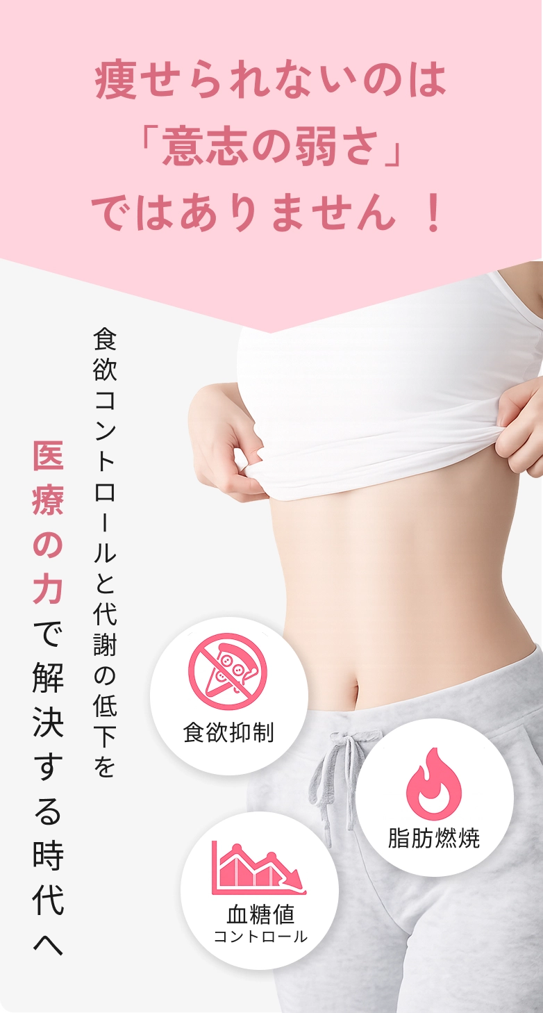 痩せられないのは「意志の弱さ」ではありません！食欲コントロールと代謝の低下を医療の力で解決する時代へ。食欲抑制・脂肪燃焼・血糖値コントロール。