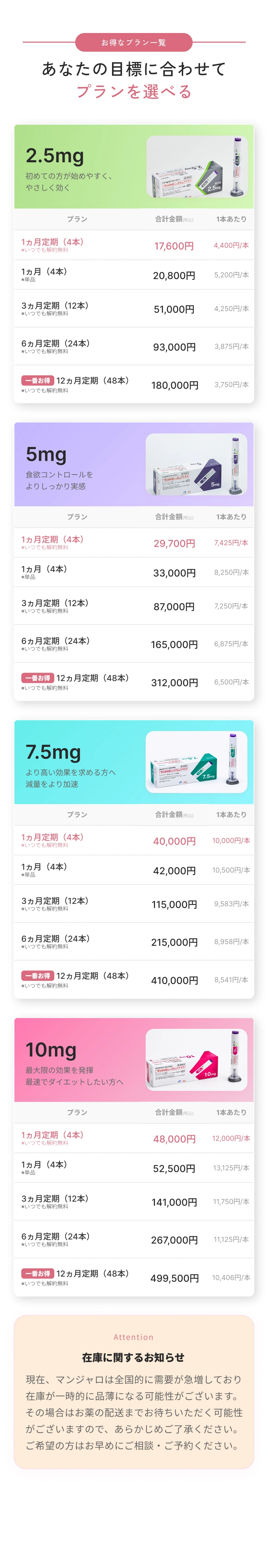 お得なプラン一覧 あなたの目標に合わせてプランを選べる。2.5mg・5mg・7.5mg・10mg。1ヶ月定期〜12ヶ月定期。いつでも解約可能。
