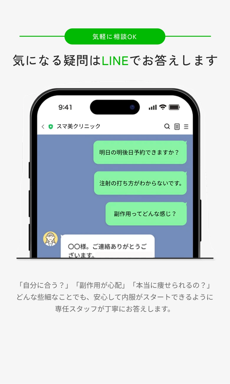 気軽に相談OK 気になる疑問はLINEでお答えします。副作用・自分に合うか・本当に痩せられるのか。どんな些細なことでも専任スタッフが丁寧にお答えします。